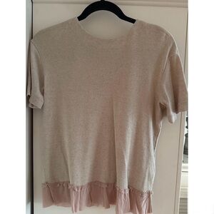 Miu Miu Beige Pink Short-Sleeve Knit Tee with Hem Ruffle